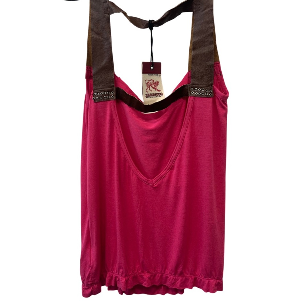 NWT Vintage Parasuco Raspberry Pink Sleeveless Top with Brown Leather Straps